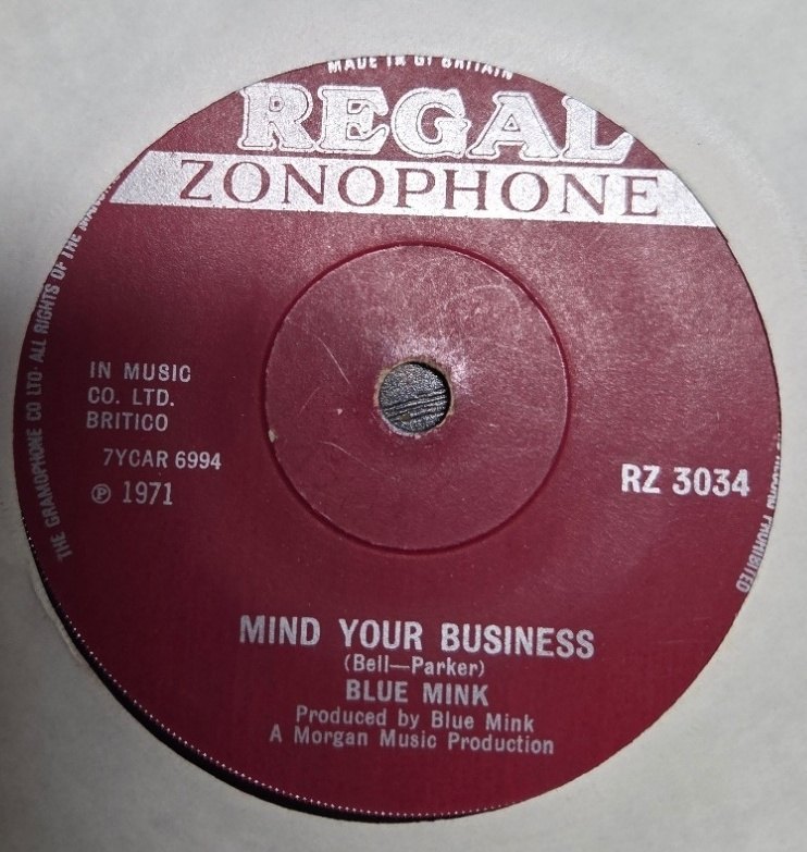 BLUE MINK — THE BANNER MAN / MIND YOUR BUSINESS record label scan