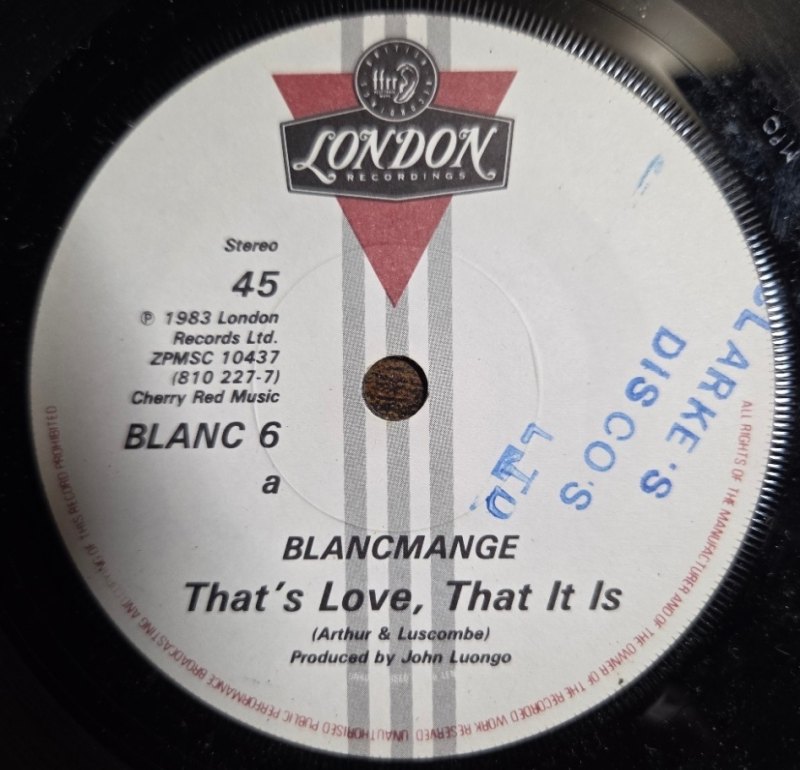 BLANCMANGE — THAT'S LOVE THAT IT IS / VISHNU record label scan