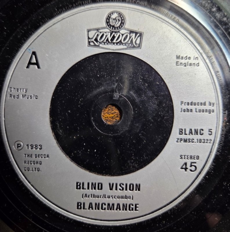 BLANCMANGE — BLIND VISION / HEAVEN KNOWS WHERE HEAVEN IS record label scan