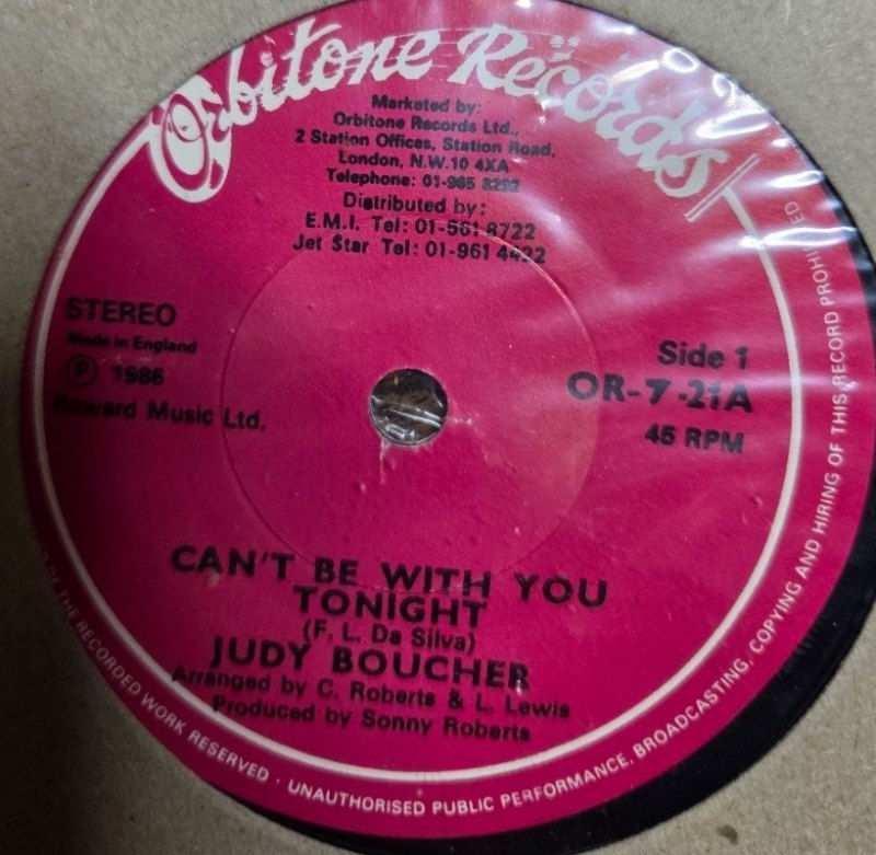 JUDY BOUCHER — CAN'T BE WITH YOU TONIGHT / DREAMING OF A LITTLE ISLAND record label scan