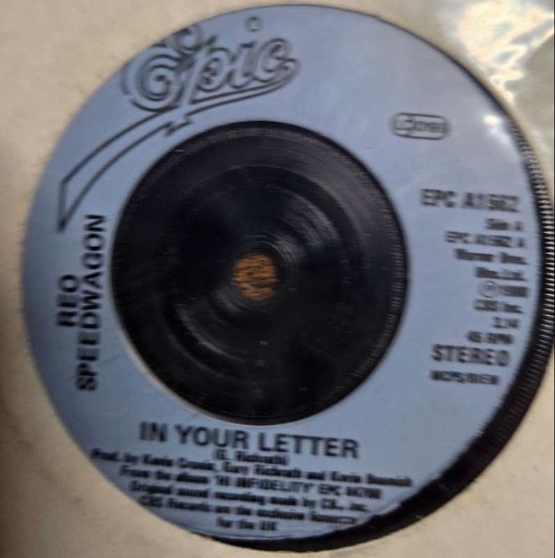 REO SPEEDWAGON — IN YOUR LETTER / SHAKIN' IT LOOSE record label scan