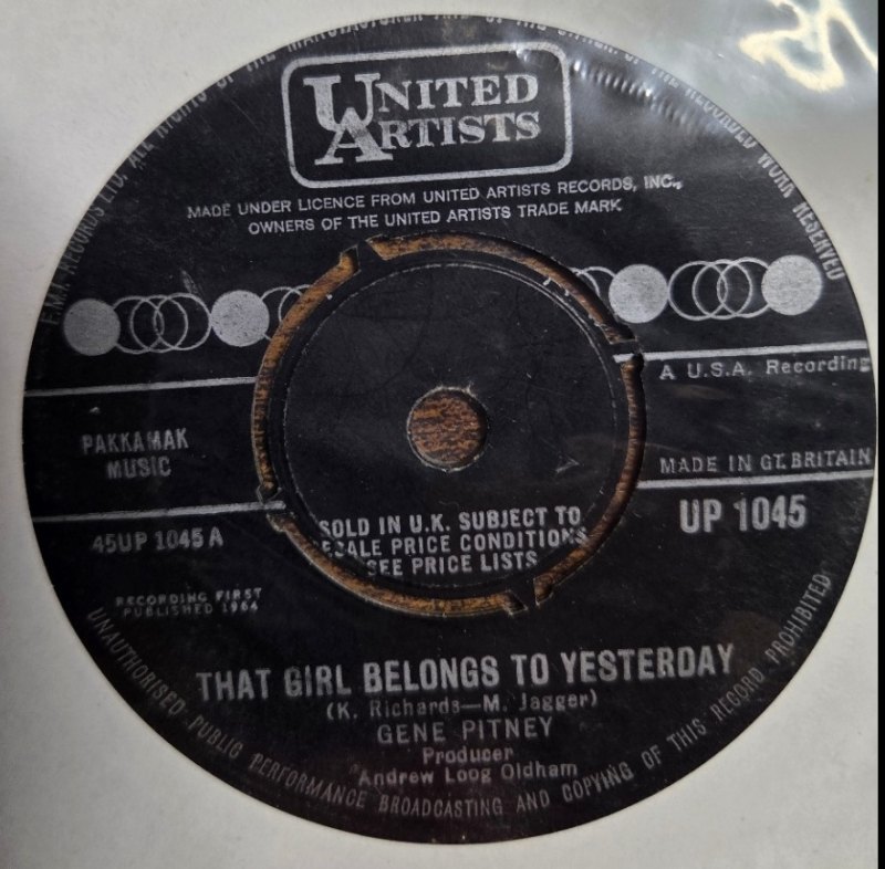 GENE PITNEY — THAT GIRL BELONGS TO YESTERDAY / WHO NEEDS IT record label scan