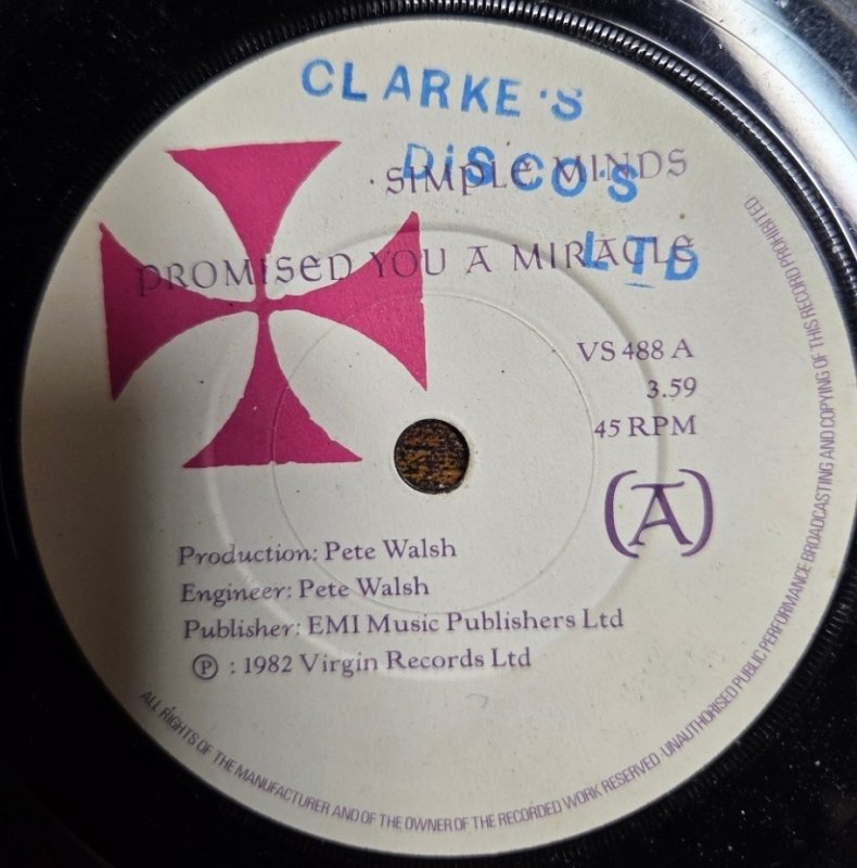 SIMPLE MINDS — PROMISED YOU A MIRACLE / THEME FROM GREAT CITIES record label scan