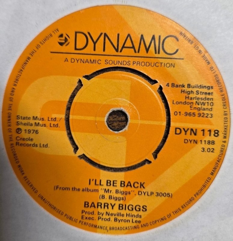 BARRY BIGGS — SIDE SHOW / I'LL BE BACK record label scan