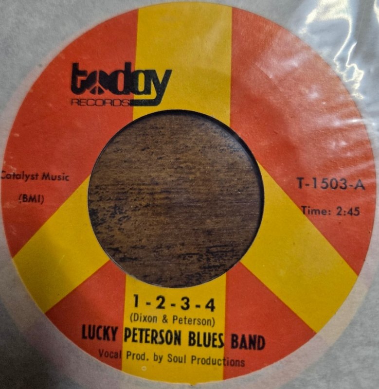 LUCKY PETERSON BLUES BAND — 1-2-3-4 / GOOD OLD CANDY record label scan