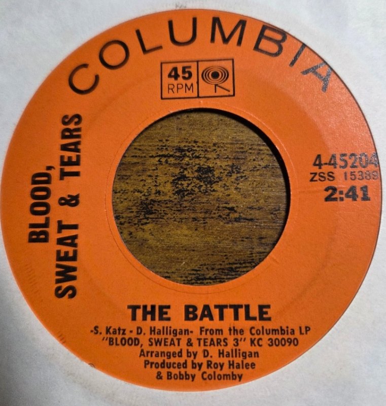 BLOOD SWEAT AND TEARS — HI DE HO / THE BATTLE record label scan