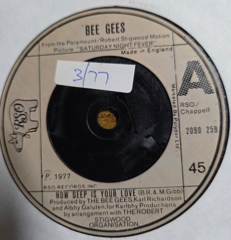 BEE GEES — HOW DEEP IS YOUR LOVE / CAN'T KEEP A GOOD MAN DOWN record label scan