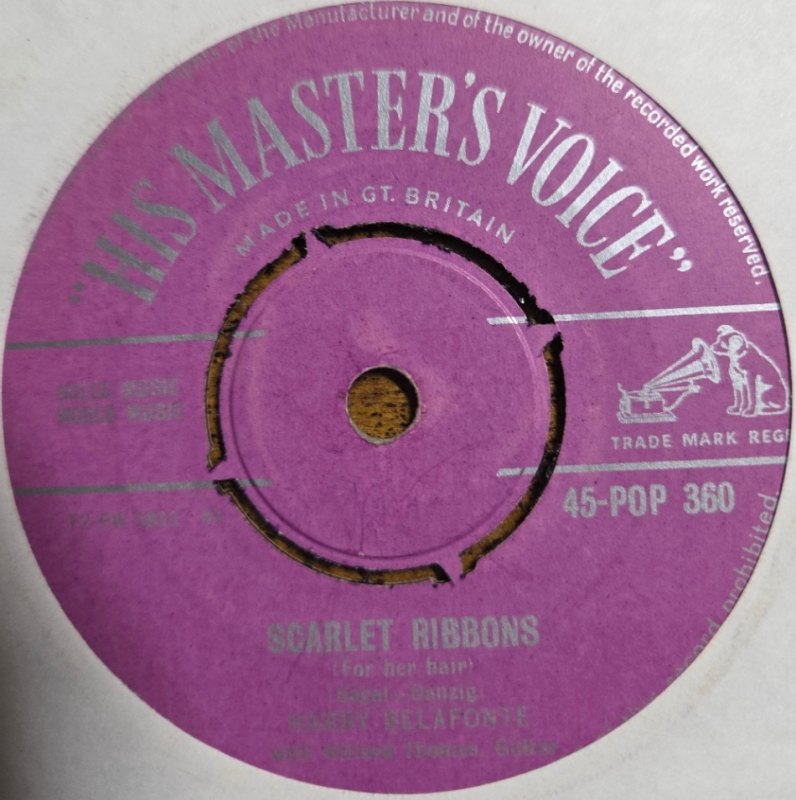 HARRY BELAFONTE — SCARLET RIBBONS / HOLD EM JOE record label scan