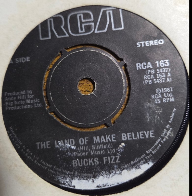 BUCKS FIZZ — THE LAND OF MAKE BELIEVE / NOW YOU'RE GONE record label scan