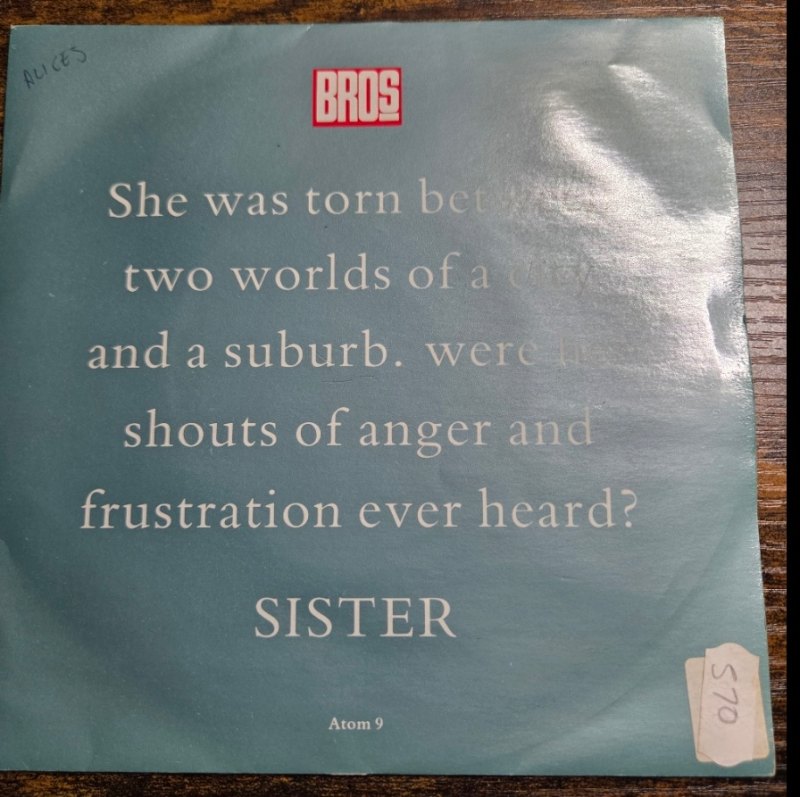 BROS — SISTER / I'LL COUNT THE HOURS record label scan