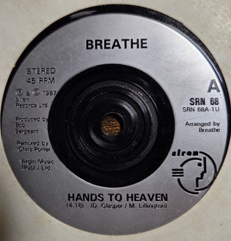 BREATHE — HANDS TO HEAVEN / LIFE AND TIMES record label scan
