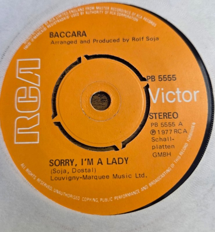 BACCARA — SORRY I'M A LADY / LOVE YOU TILL I DIE record label scan