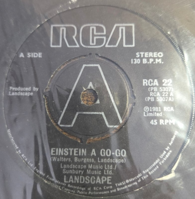 LANDSCAPE — EINSTEIN A GO GO / NEW RELIGION record label scan