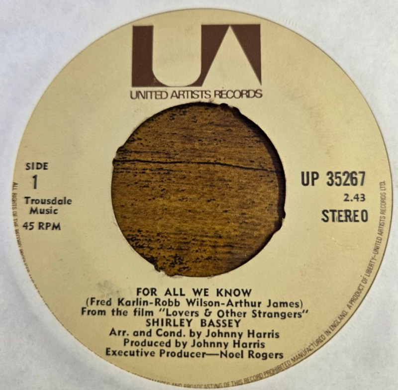 SHIRLEY BASSEY — FOR ALL WE KNOW / WHATS DONE IS DONE record label scan