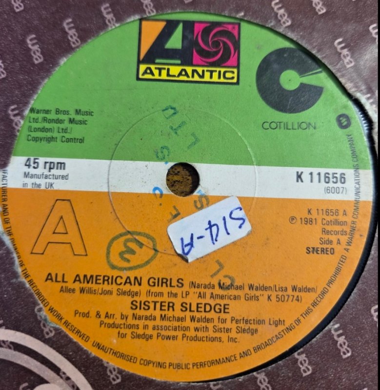 SISTER SLEDGE — ALL AMERICAN GIRLS / HAPPY FEELING record label scan