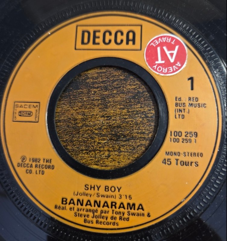 BANANARAMA — SHY BOY / DONT CALL US record label scan