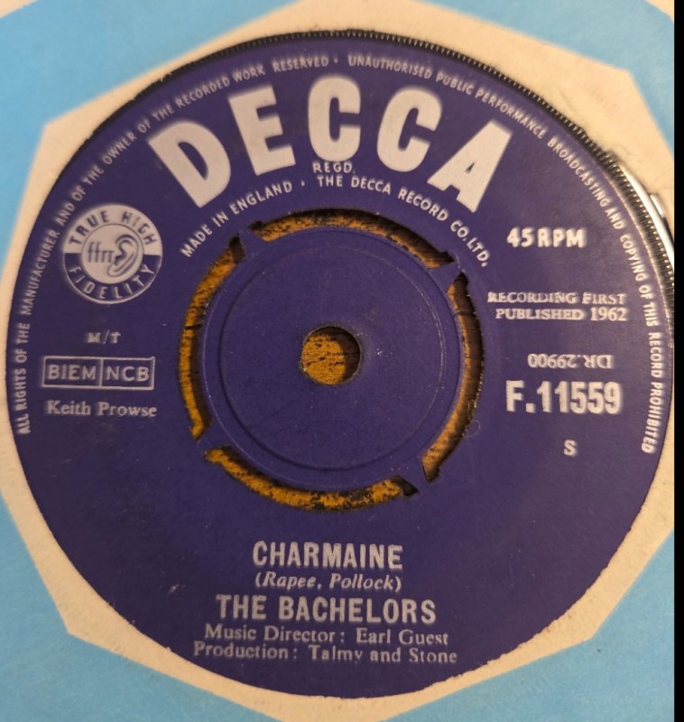 THE BACHELORS — CHARMAINE / OLD BILL record label scan