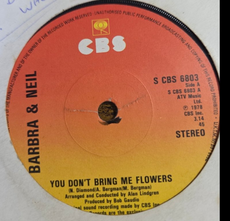 BARBRA AND NEIL — YOU DON'T BRING ME FLOWERS / INSTRUMENTAL record label scan