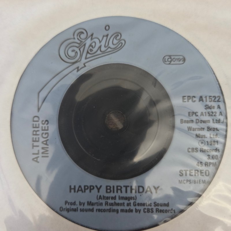 ALTERED IMAGES — HAPPY BIRTHDAY / SO WE GO WHISPERING record label scan