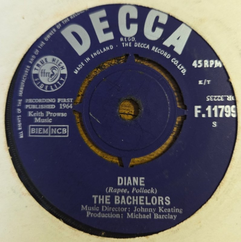 THE BACHELORS — DIANE / THE STARS WILL REMEMBER record label scan