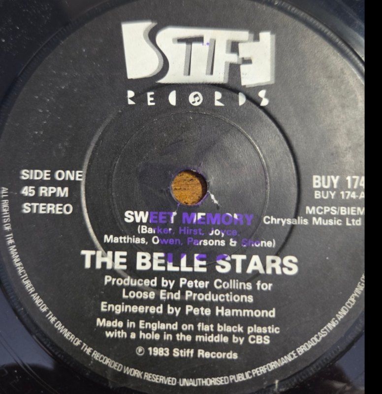 THE BELLE STARS — SWEET MEMORY / APRIL FOOL record label scan
