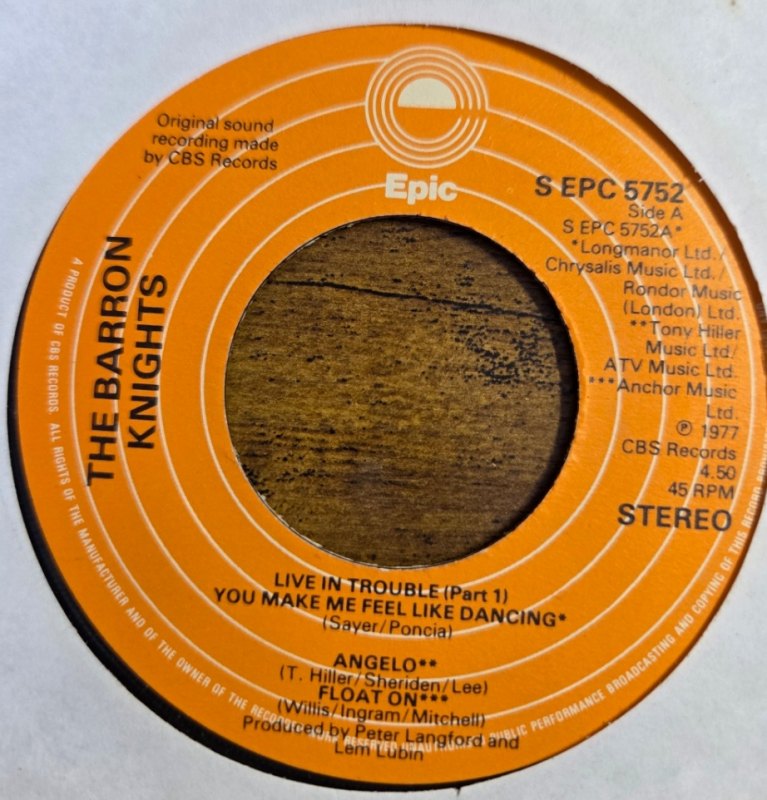 THE BARRON KNIGHTS — LIVE IN TROUBLE / PT2 record label scan