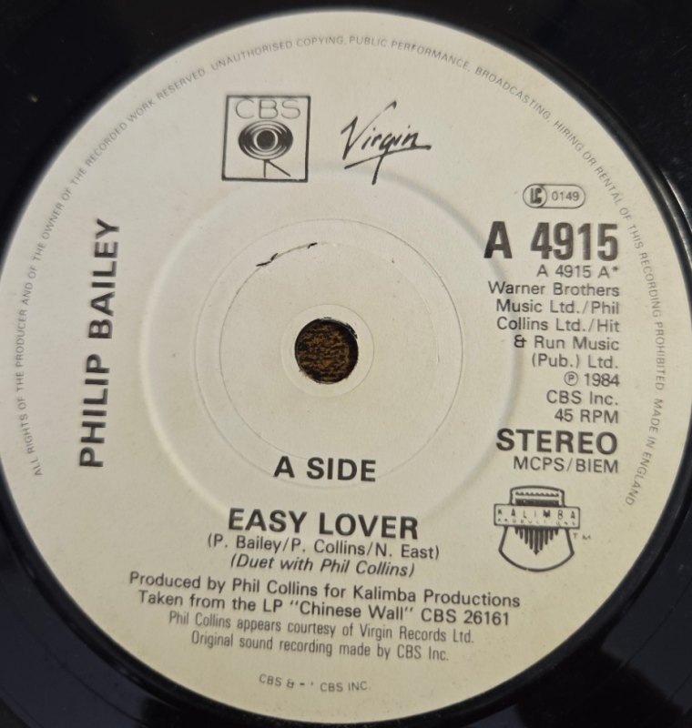 PHILIP BAILEY AND PHIL COLLINS — EASY LOVER / WOMAN record label scan