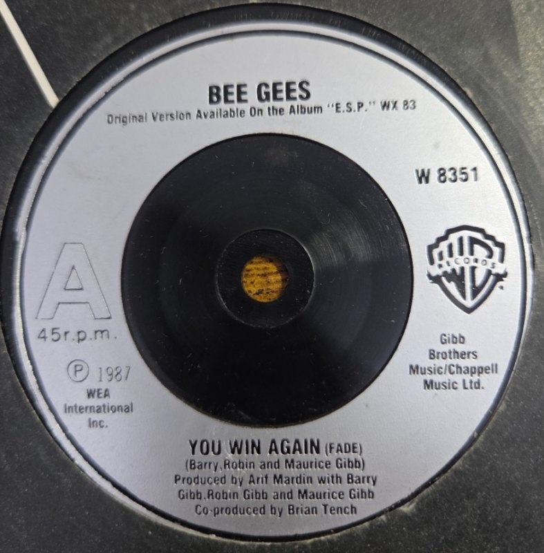 BEE GEES — YOU WIN AGAIN / BACKTAFUNK record label scan