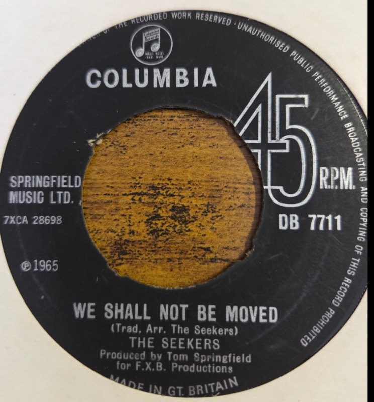 SEEKERS — CARNIVAL IS OVER / WE SHALL NOT BE MOVED record label scan