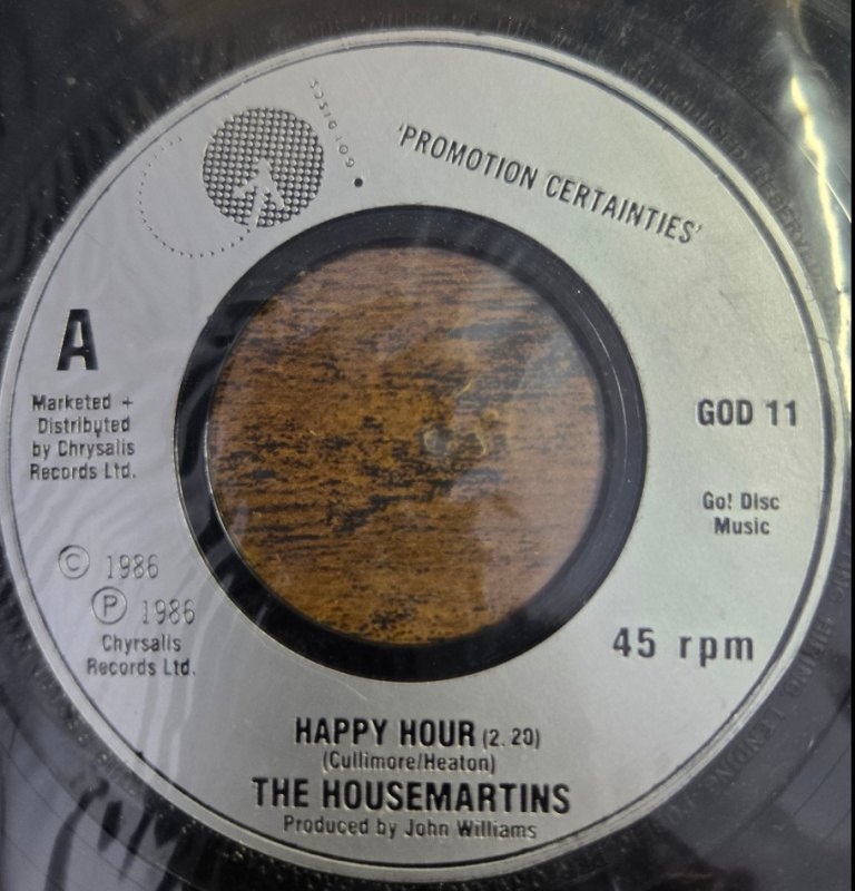 HOUSEMARTINS — HAPPY HOUR / THE MIGHTY SHIP record label scan