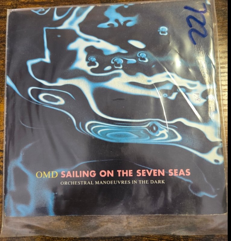 ORCHESTRAL MANOEUVRES IN THE DARK — SAILING ON THE SEVEN SEAS / BURNING record label scan