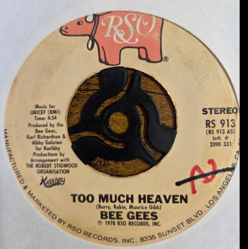 BEE GEES — TOO MUCH HEAVEN / REST YOUR LOVE ON ME record label scan