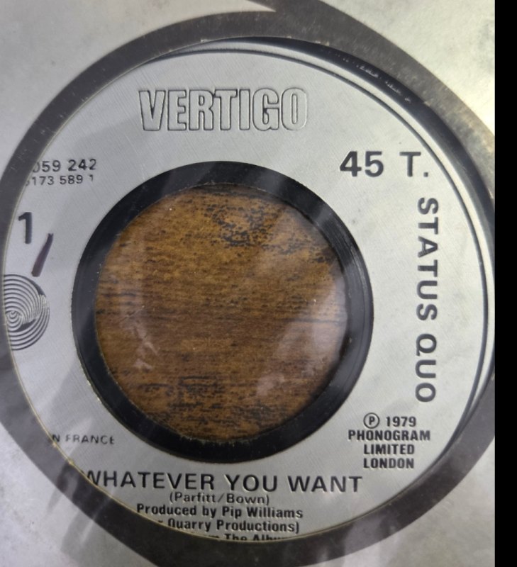 STATUS QUO — WHATEVER YOU WANT / HARD RIDE record label scan