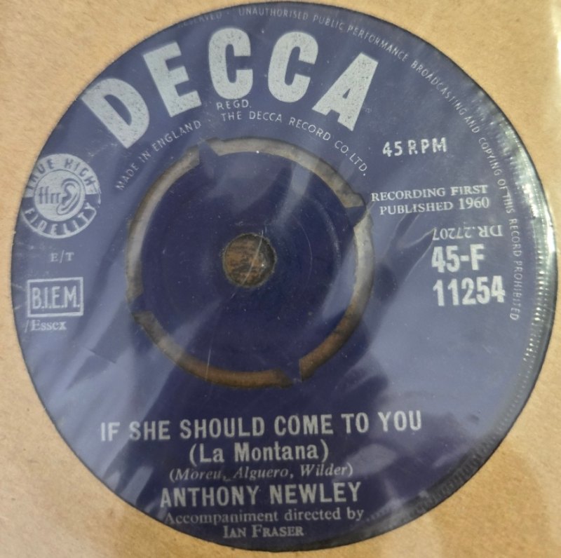 ANTHONY NEWLEY — IF SHE SHOULD COME TO YOU / LIFETIME OF HAPPINESS record label scan