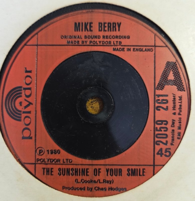 MIKE BERRY — THE SUNSHINE OF YOUR SMILE / I'M AS OLD AS PAUL MCCARTNEY record label scan