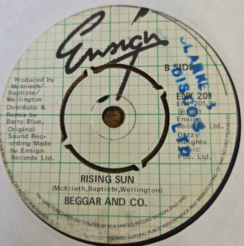 BEGGAR AND CO — HELP ME OUT / RISING SUN record label scan