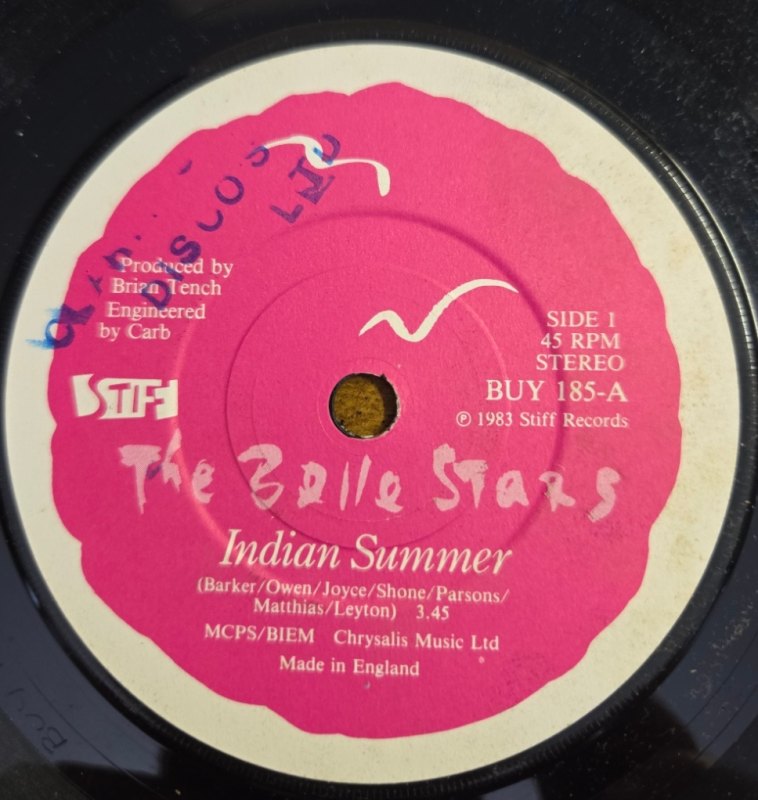 THE BELLE STARS — INDIAN SUMMER / SUN SUN SUN record label scan