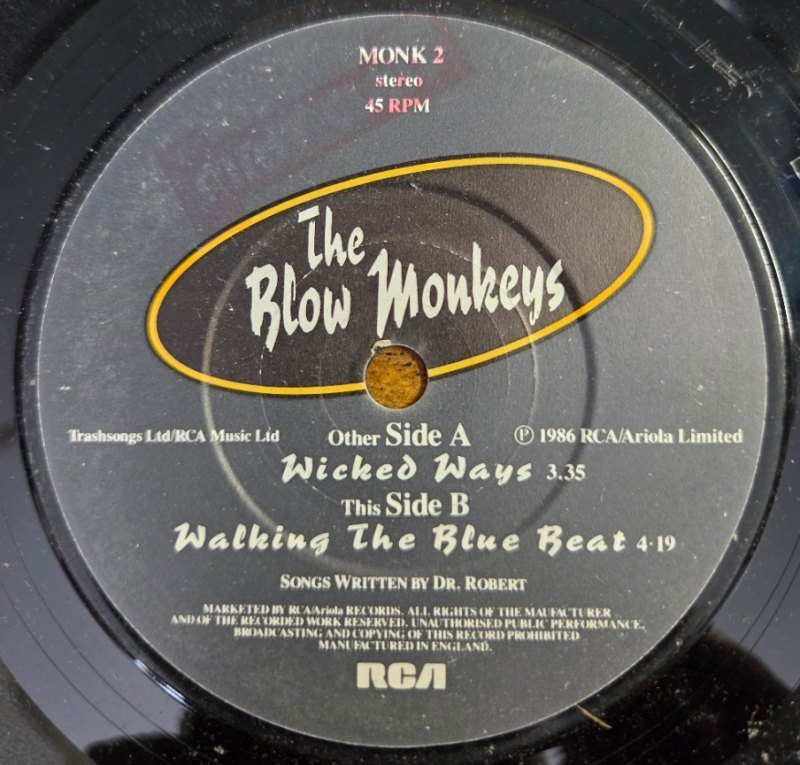THE BLOW MONKEYS — WICKED WAYS / WALKING THE BLUE BEAT record label scan