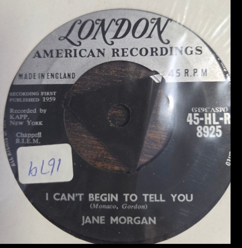 JANE MORGAN — I CAN'T BEGIN TO TELL YOU / WITH OPEN ARMS record label scan