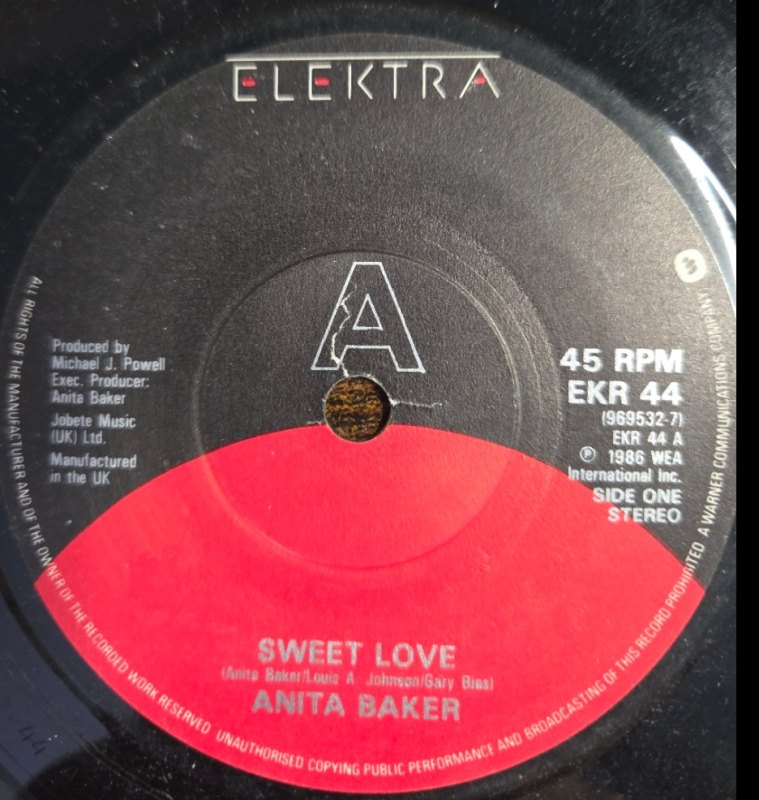ANITA BAKER — SWEET LOVE / NO ONE IN THE WORLD record label scan