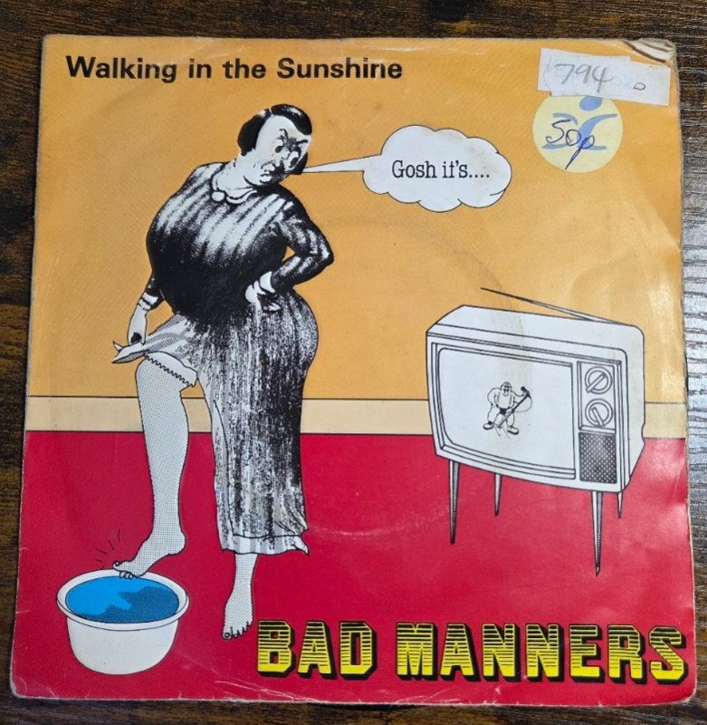 BAD MANNERS — WALKING IN THE SUNSHINE / END OF THE WORLD record label scan