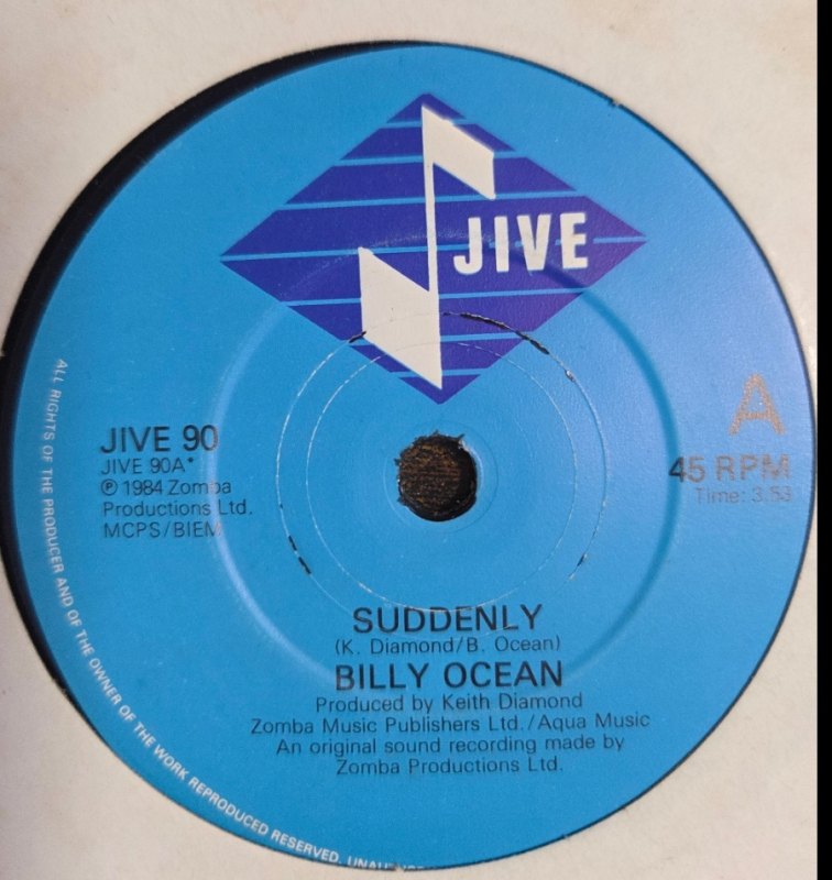 BILLY OCEAN — SUDDENLY / LUCKY MAN record label scan