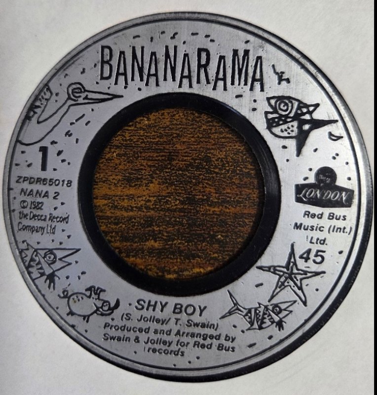 BANANARAMA — SHY BOY / DON'T CALL US record label scan