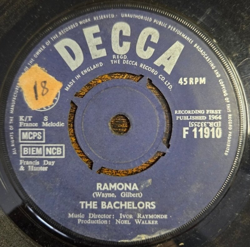 THE BACHELORS — RAMONA / SWEET LULLABIES record label scan