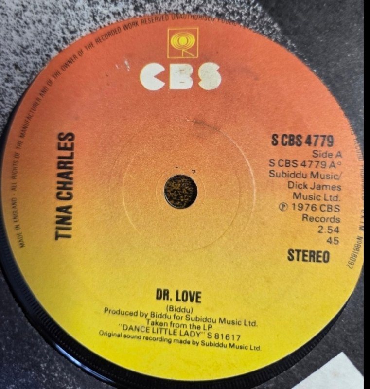 TINA CHARLES — DR LOVE / KISS OF LIFE record label scan