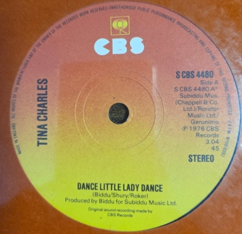 TINA CHARLES — DANCE LITTLE LADY DANCE / WHY record label scan