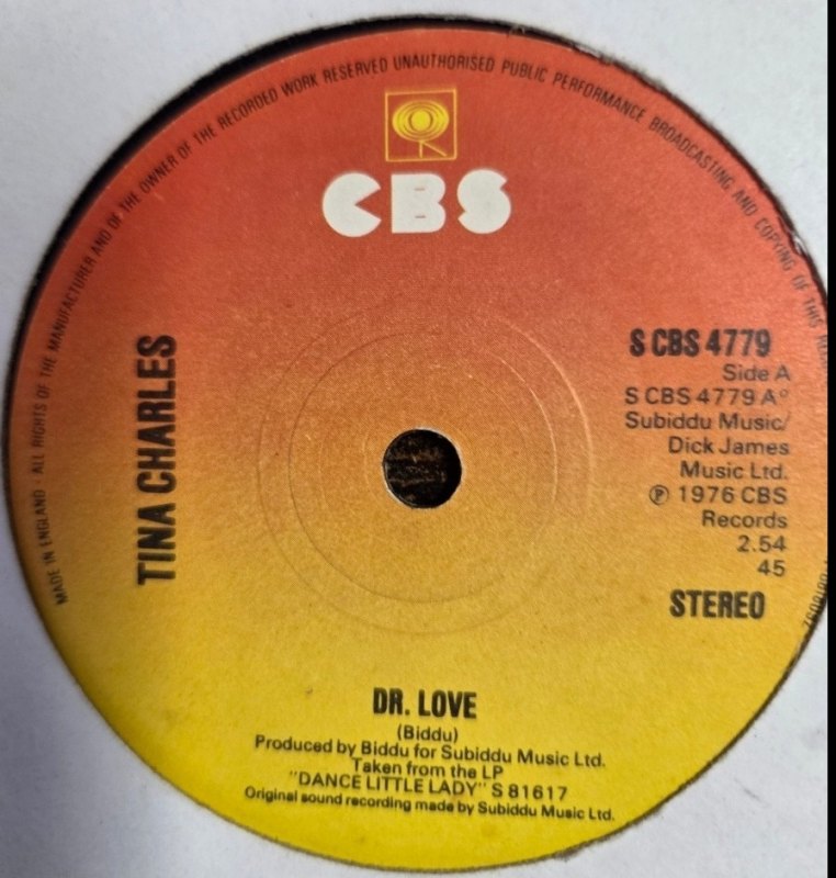 TINA CHARLES — DR LOVE / KISS OF LIFE record label scan