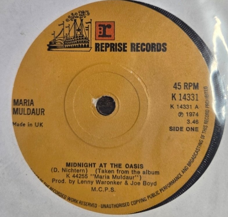 MARIA MULDAUR — MIDNIGHT AT THE OASIS / ANY OLD TIME record label scan