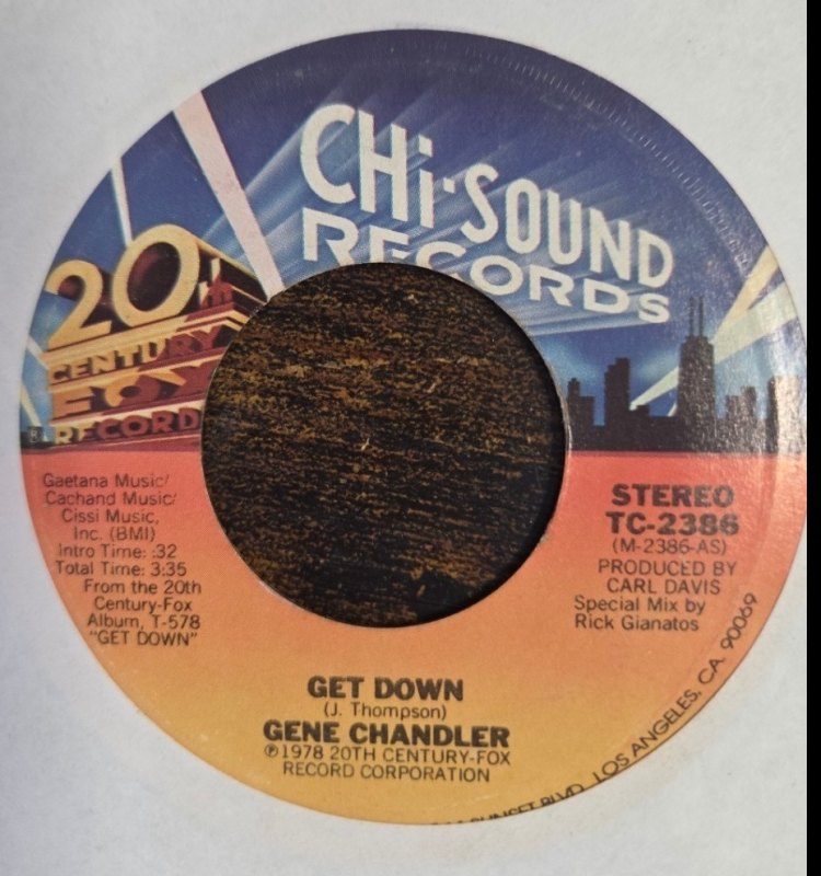 GENE CHANDLER — GET DOWN / I'M THE TRAVELING KIND record label scan