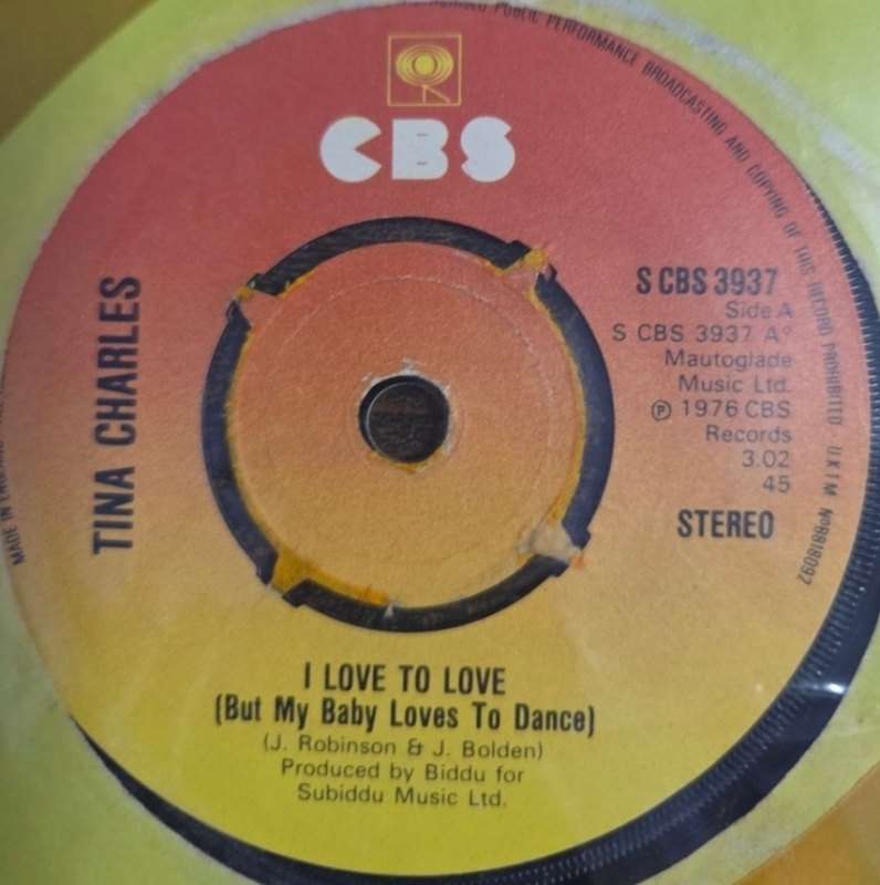 TINA CHARLES — I LOVE TO LOVE / DISCO FEVER record label scan